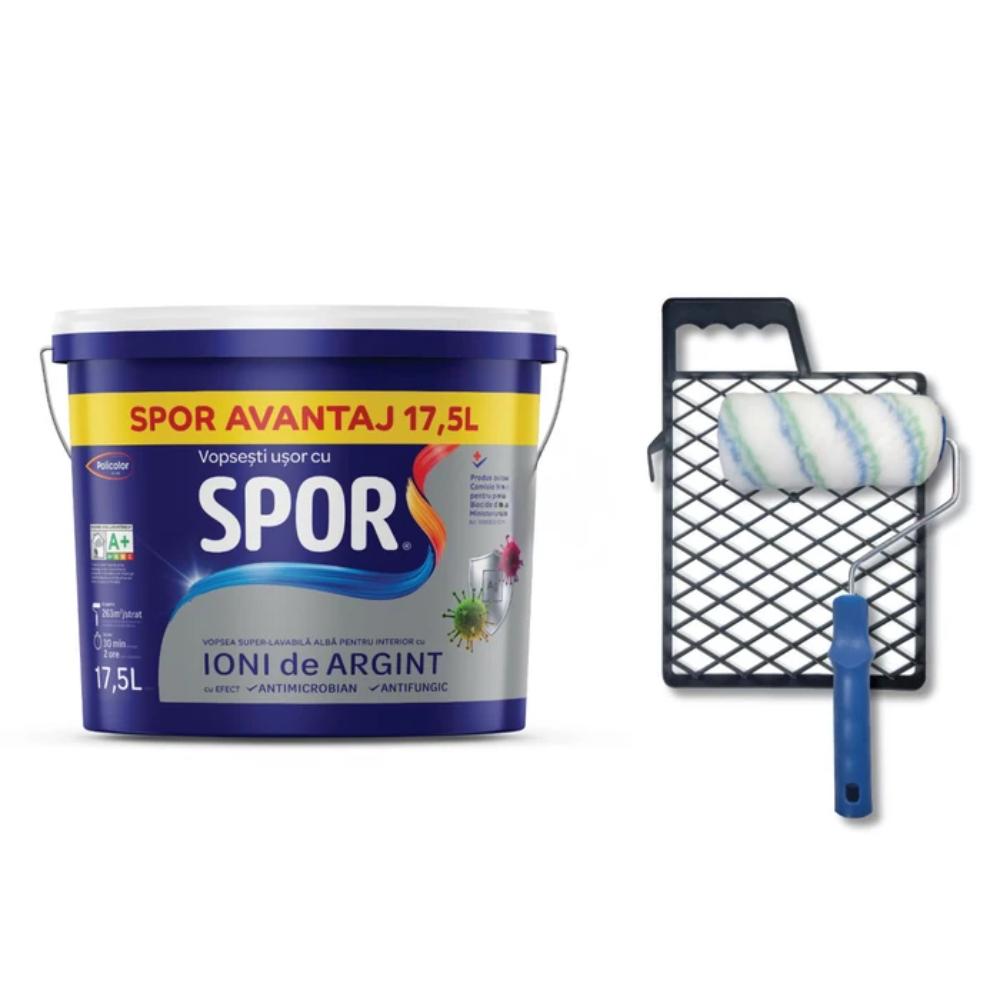 Vopsea superlavabila interior Spor, cu Ioni de Argint, alb, 17.5 l + trafalet si gratar