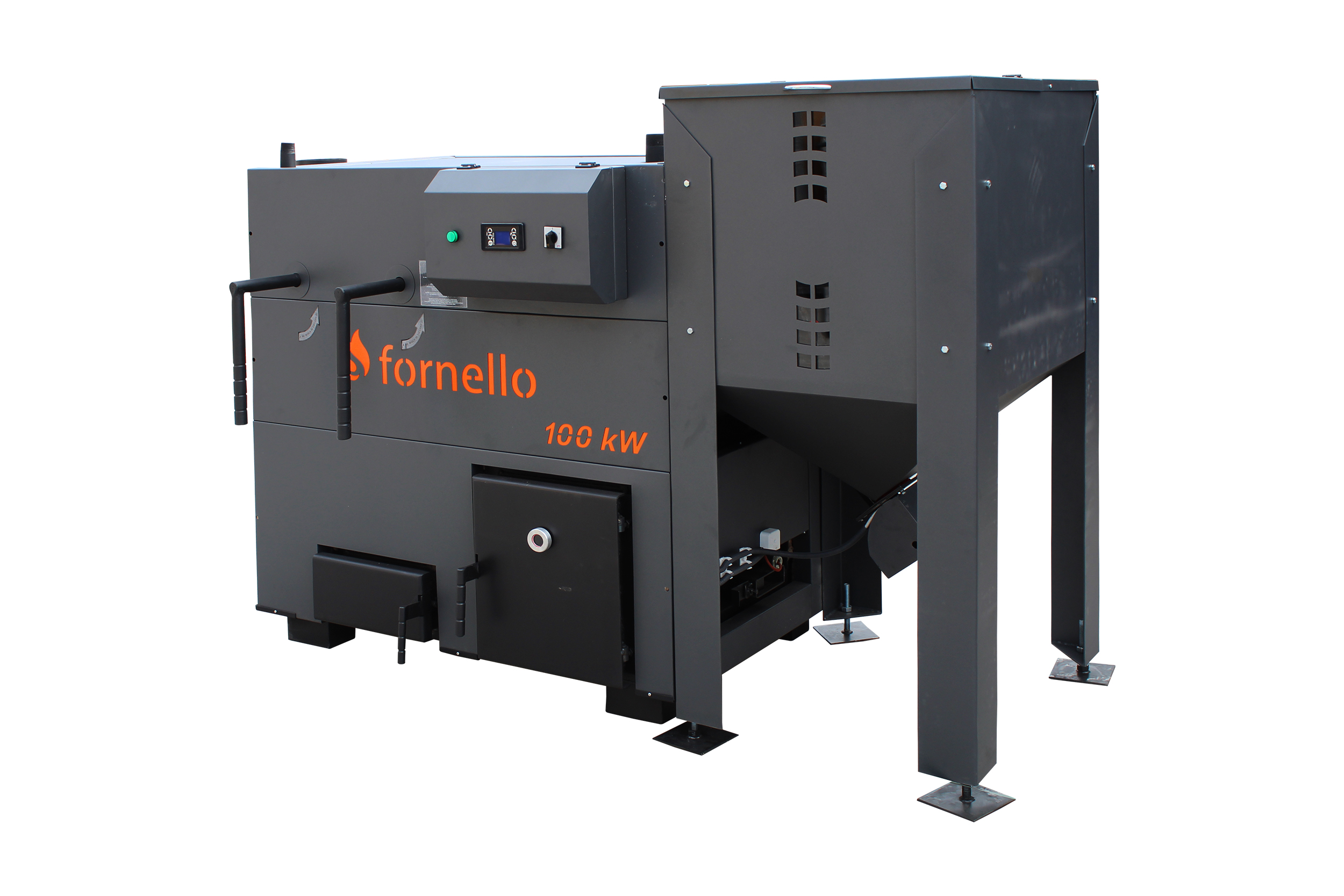 Centrala pe peleti Fornello Eco Energy 100 kW echipata cu automatizare afisaj digital arzator fonta curatare mecania a drumurilor de fum buncar peleti integrat 350 kg