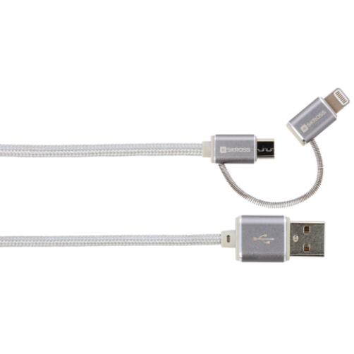 Cablu USB 2 in 1 Steel Line cu Conector MicroUSB si Lightning 1m Argintiu