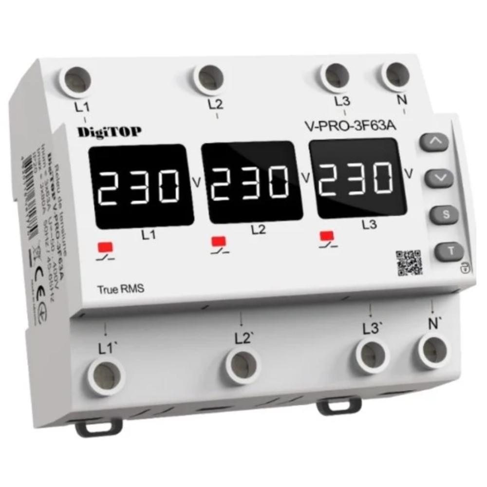 Releu protectie tensiune trifazat DigiTop VP-3F63A, 63A, cu contactor inclus, afisaj digital, reglaje programabile