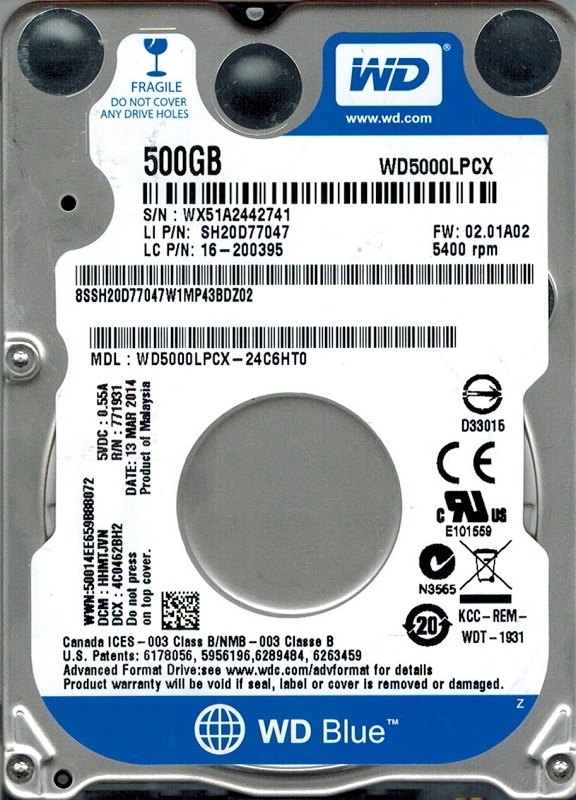HDD  Notebook 2.5'  500GB 5400rpm 16M SATA3 WD  (WD5000LPCX)