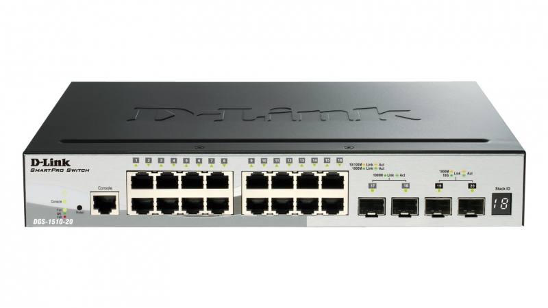 Switch Smart 16 port-uri. Gigabit. 2 sloturi SFP, 2 sloturi 10G SFP+, Stackabil, D-LINK (DGS-1510-20)