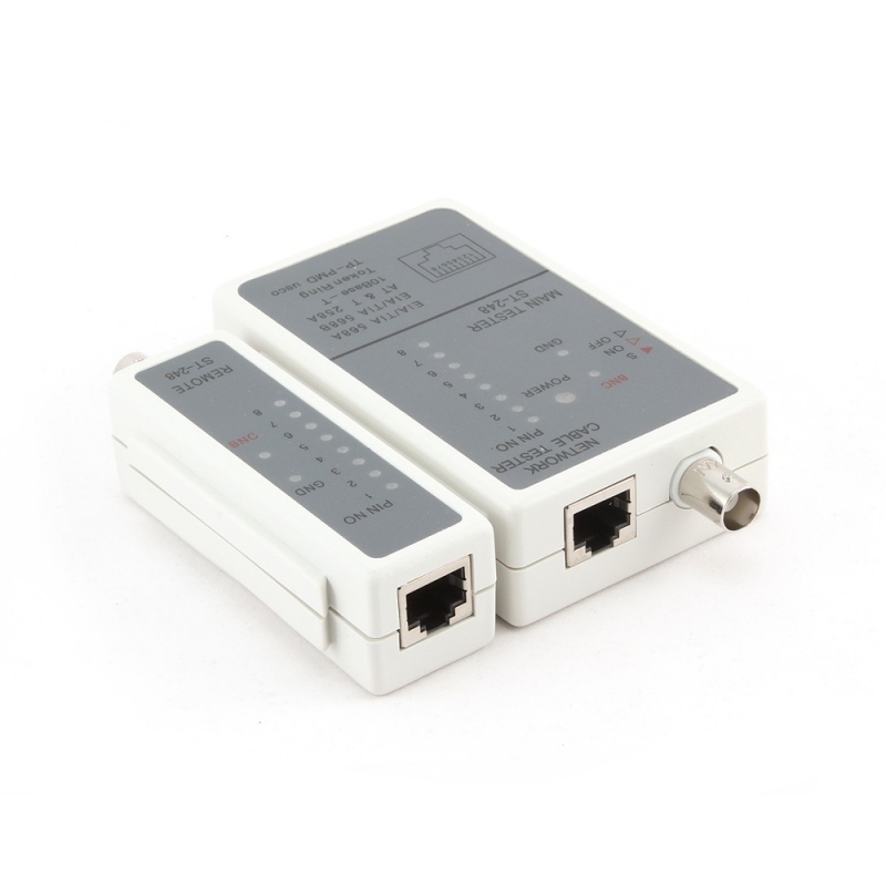 Tester cablu de retea RJ-45 si RG-58, cu LED-uri si tabel de identificare, cabluri suportate: STP/UTP si coaxial, Alb-gri, GEMBIRD (NCT-1)