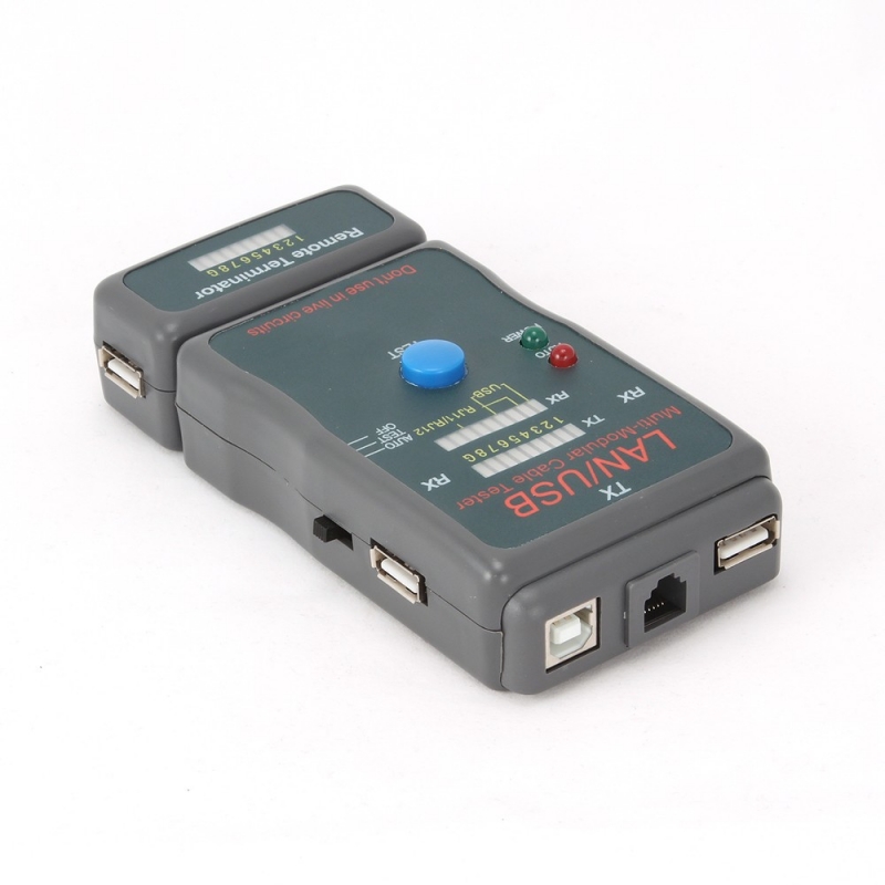 Tester cablu de retea RJ-45 UTP/STP si USB, 3 butoane (Auto, Power si Test) si 3 ecrane de identificare, compatibil: cabluri suportate: STP/UTP, USB (A/A), USB (A/B), RJ11, TJ12, Gri, Gembird (NCT-2)