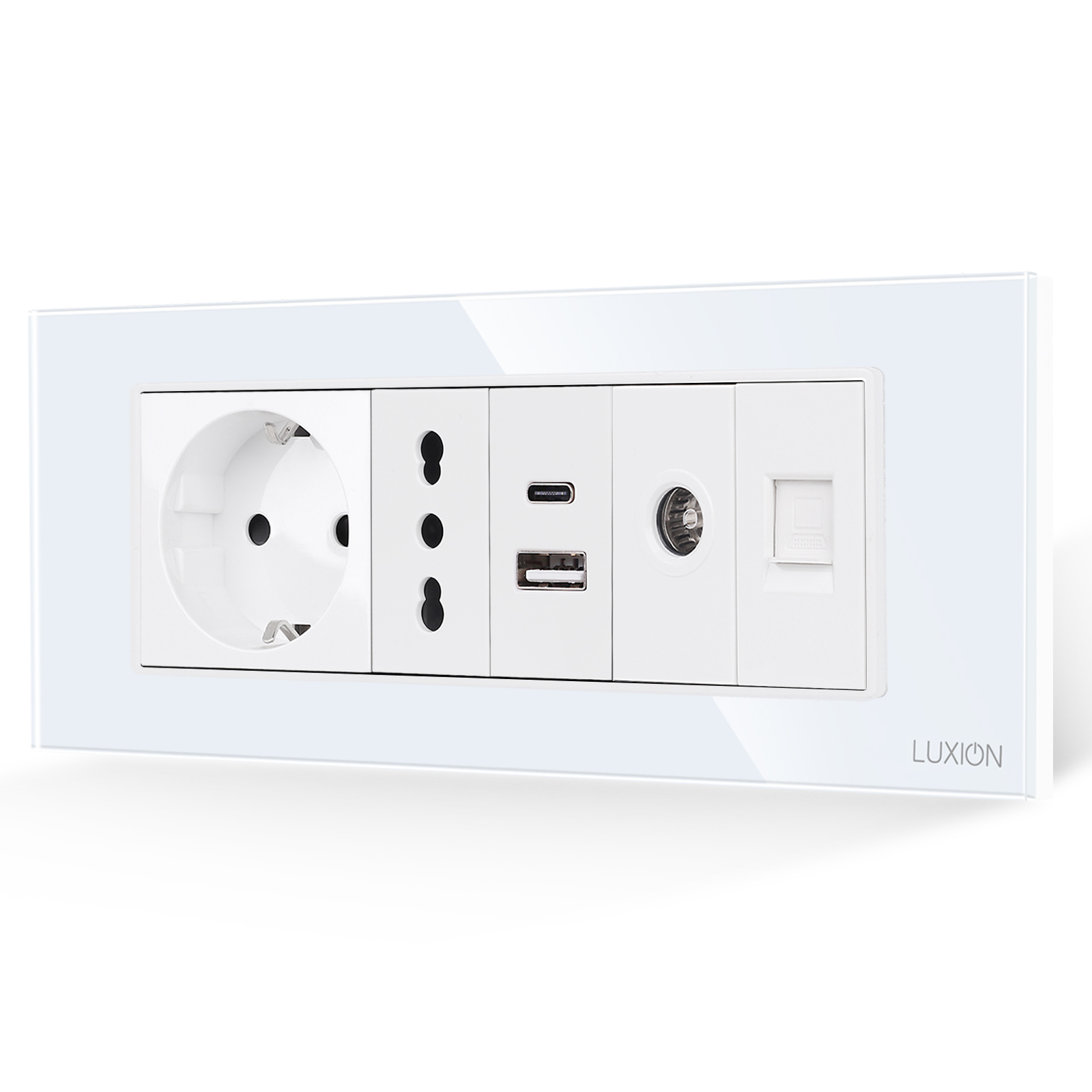 Priza Schuko + Ingusta + Dubla USB + TV + Internet cu Rama Din Sticla LUXION, Standard Italian, 6M