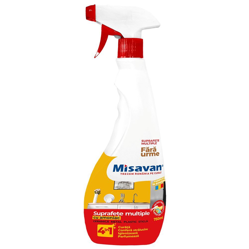 Solutie curatare Misavan Multisuprafete cu Amoniac 4 in 1, cu pulverizator, 750 ml