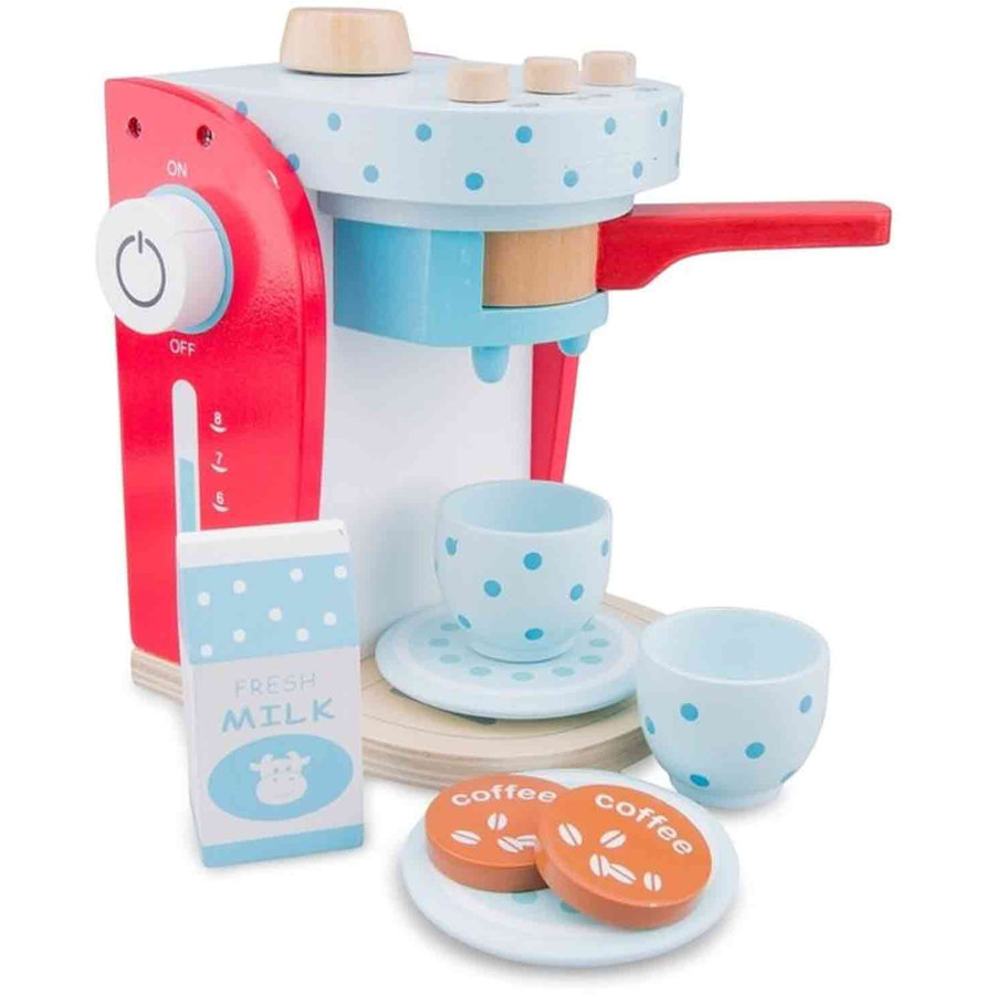 Jucarie Aparat de cafea din lemn colorat cu cesti cutie de lapte si capsule