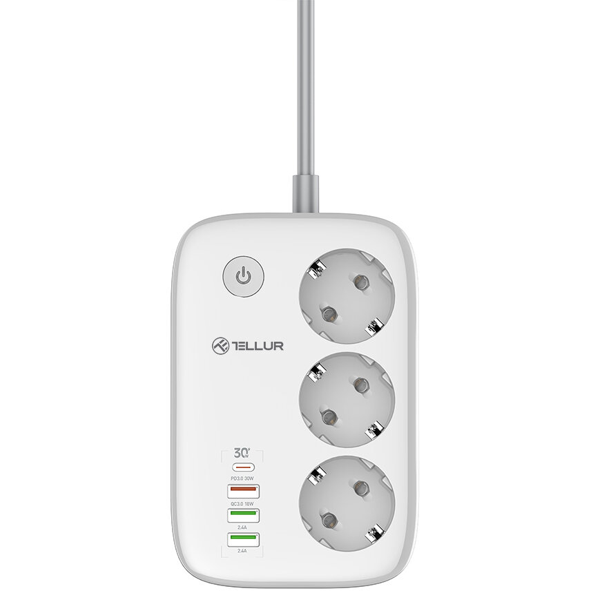 Prelungitor WiFi Smart 3x Schuko PD 30W QC 18W 2x USB 2.4A 2500W 10A Cablu 2M Alb