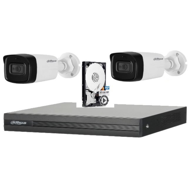 Sistem de supraveghere Dahua DH-2CEXT80MA-5MP_HDD HDCVI cu HDD si 2 camere de exterior de 5MP, 3.6mm, IR 80m, microfon