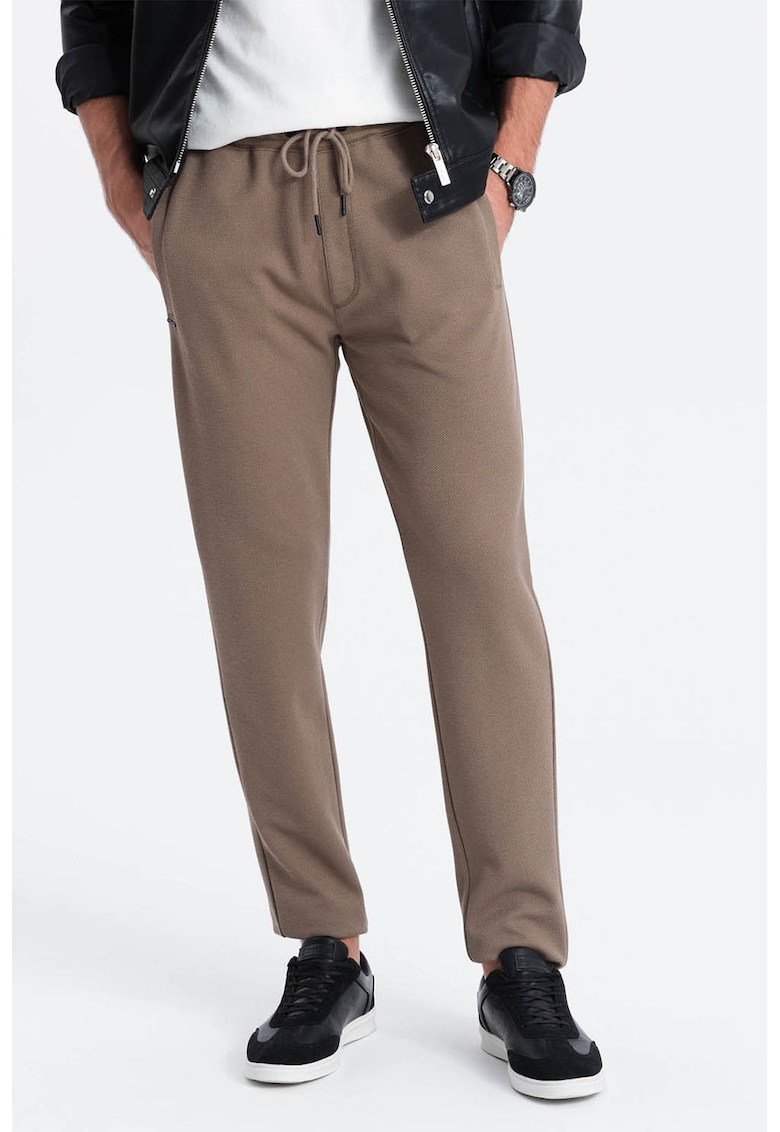 Pantaloni texturati cu snur in talie - - Maro camel