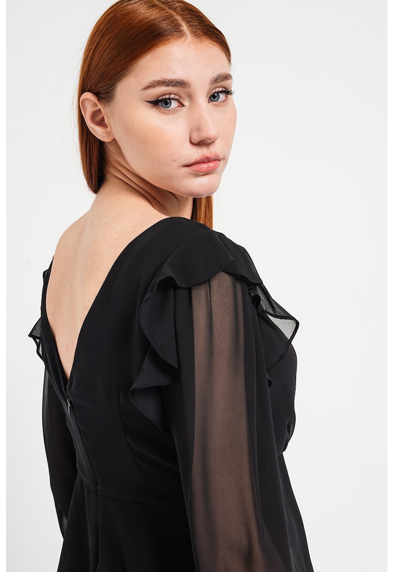Bluza cu decolteu in V si maneci din sifon - Negru