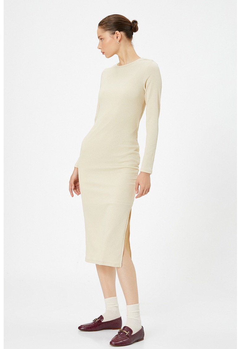 Rochie midi striata cu slit lateral - Crem