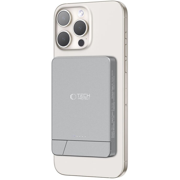 Acumulator extern LifeMag PB15 5000 mAh, Compatibila MagSafe, 7.5W, Cablu USB-C 30cm, Gri