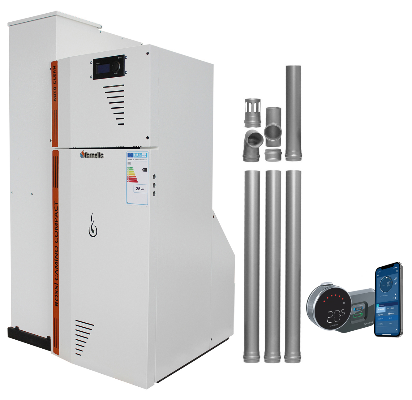 Pachet Centrala termica compacta pe peleti Fornello Rossi Camino Compact Automatic 25 kw termostat kit evacuare pompa de circulatie vas expansiune tiraj fortat curatare automata a arzatorului si a drumurilor de fum Ecodesign A+
