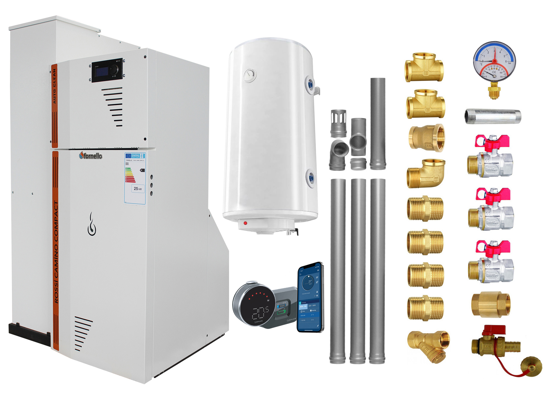 Pachet Centrala termica compacta pe peleti Fornello Rossi Camino Compact Automatic 25 kw boiler termostat kit evacuare fitinguri pompa de circulatie vas expansiune tiraj fortat curatare automata a arzatorului si a drumurilor de fum Ecodesign