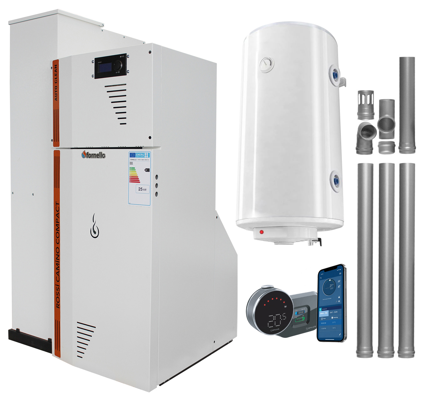 Pachet Centrala termica compacta pe peleti Fornello Rossi Camino Compact Automatic 25 kw boiler kit evacuare pompa de circulatie vas expansiune tiraj fortat curatare automata a arzatorului si a drumurilor de fum Ecodesign A+