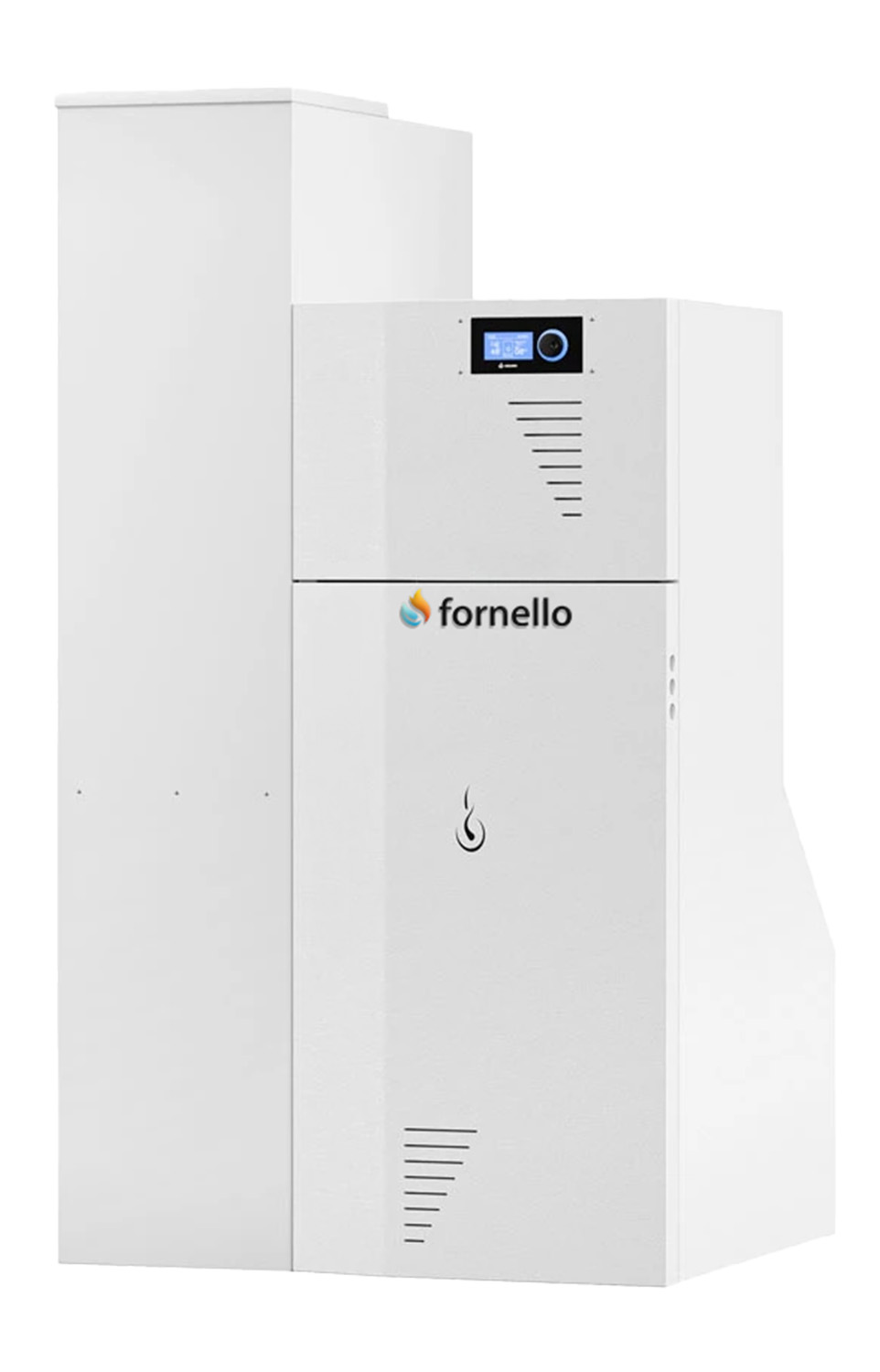 Pachet Centrala termica compacta pe peleti Fornello Rossi Camino Compact Automatic 25 kw calorifere boiler termostat kit evacuare fitinguri pompa de circulatie vas expansiune tiraj fortat curatare automata a arzator si  drumuri de fum