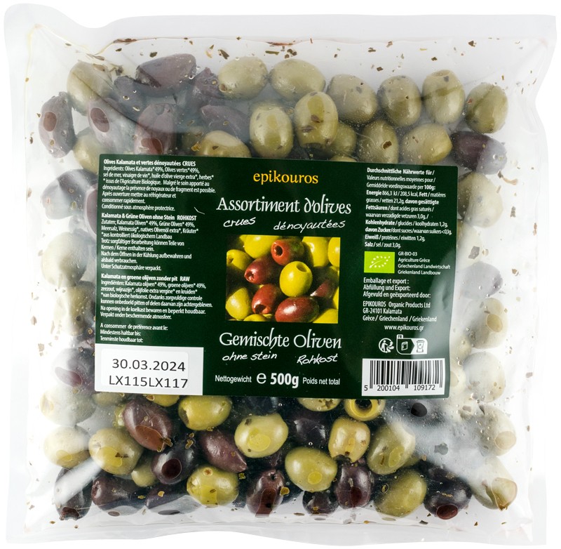Mix de masline bio, crude, fara samburi, 500g Epikouros