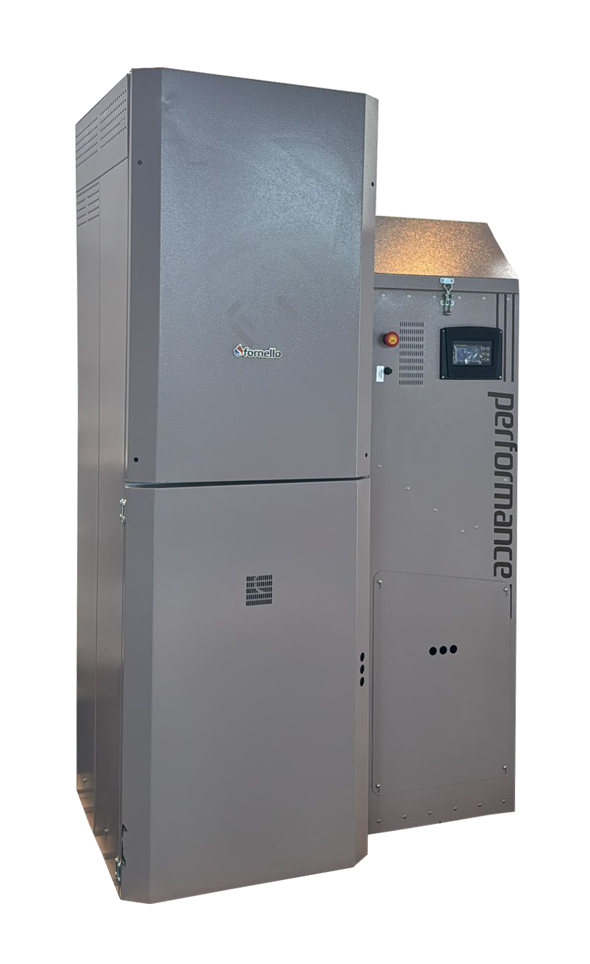 Centrala pe peleti Fornello Slimpel Automatic 40 kw arzator inox sistem curatare automata arzator si schimbator de caldura pompa de circulatie tiraj fortat  buncar 150 litri pompa electronica Grundfos