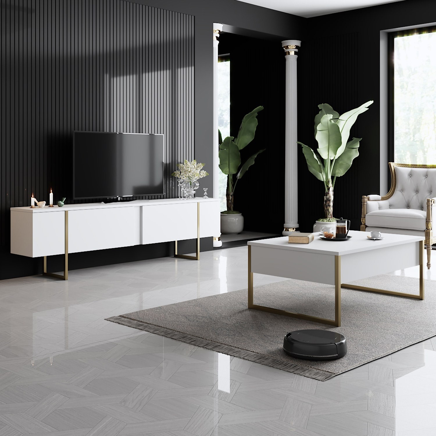 Set Mobilier Living 2 piese Luxe Set - White, Gold