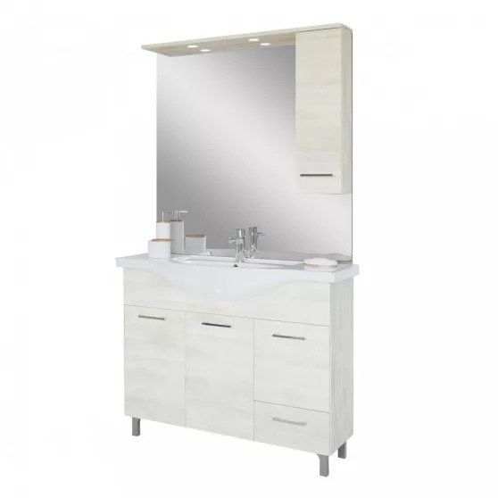 Baza cu 3 usi, 1 sertar, lavoar ceramic cm. 105 si oglinda cu dulapior, rovere bianco