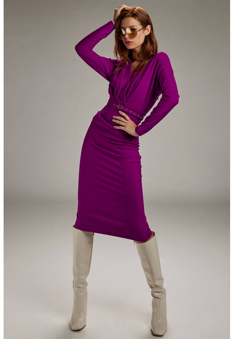 Rochie cambrata cu decolteu in V si curea asortata - Violet