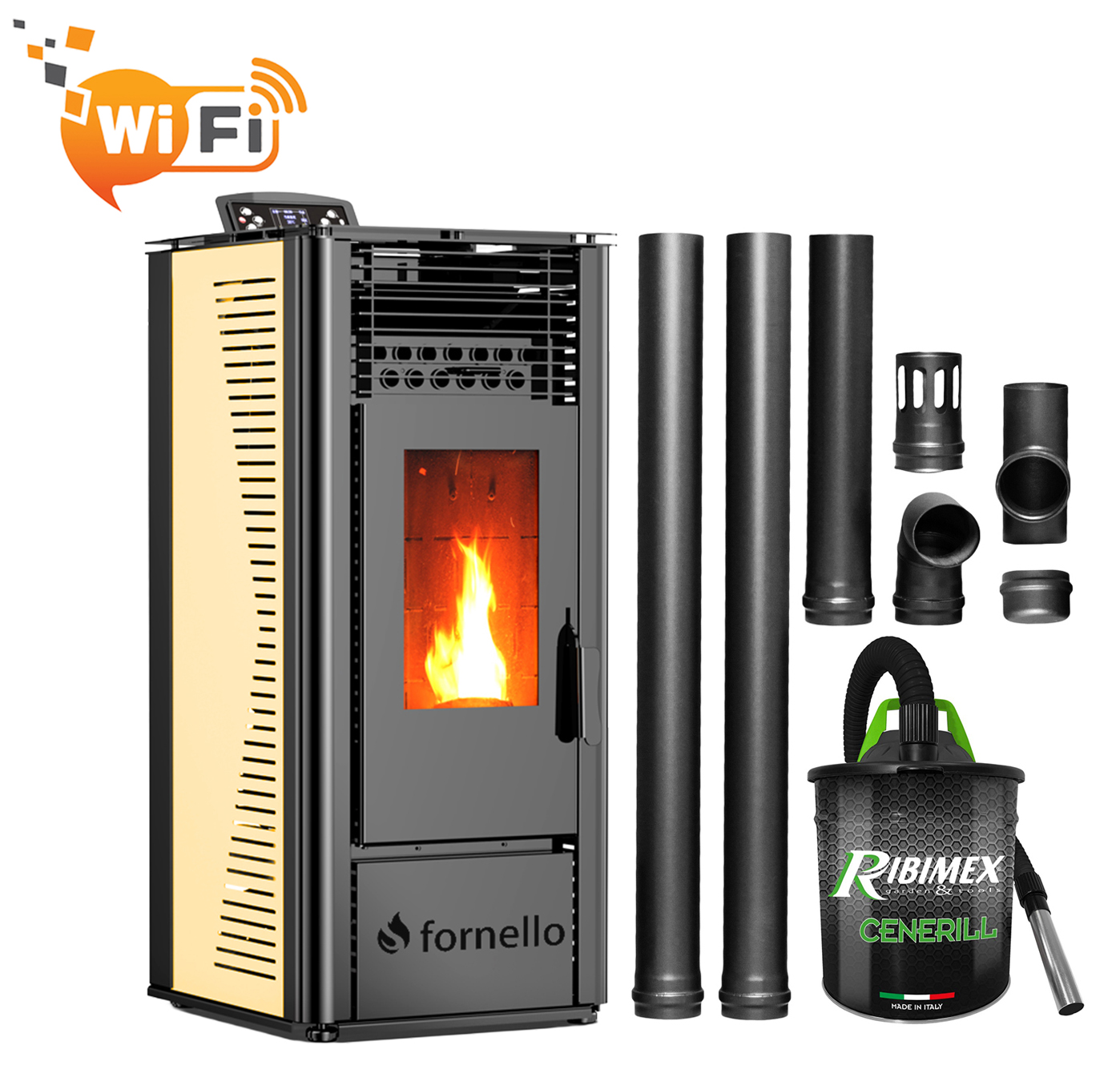 Pachet pentru incalzire format din Semineu (soba) pe peleti cu tiraj fortat Fornello SOPHIA WI-FI 11 kw aspirator kit de evacuare 25 metri telecomanda Wi-fi culoare Ivory