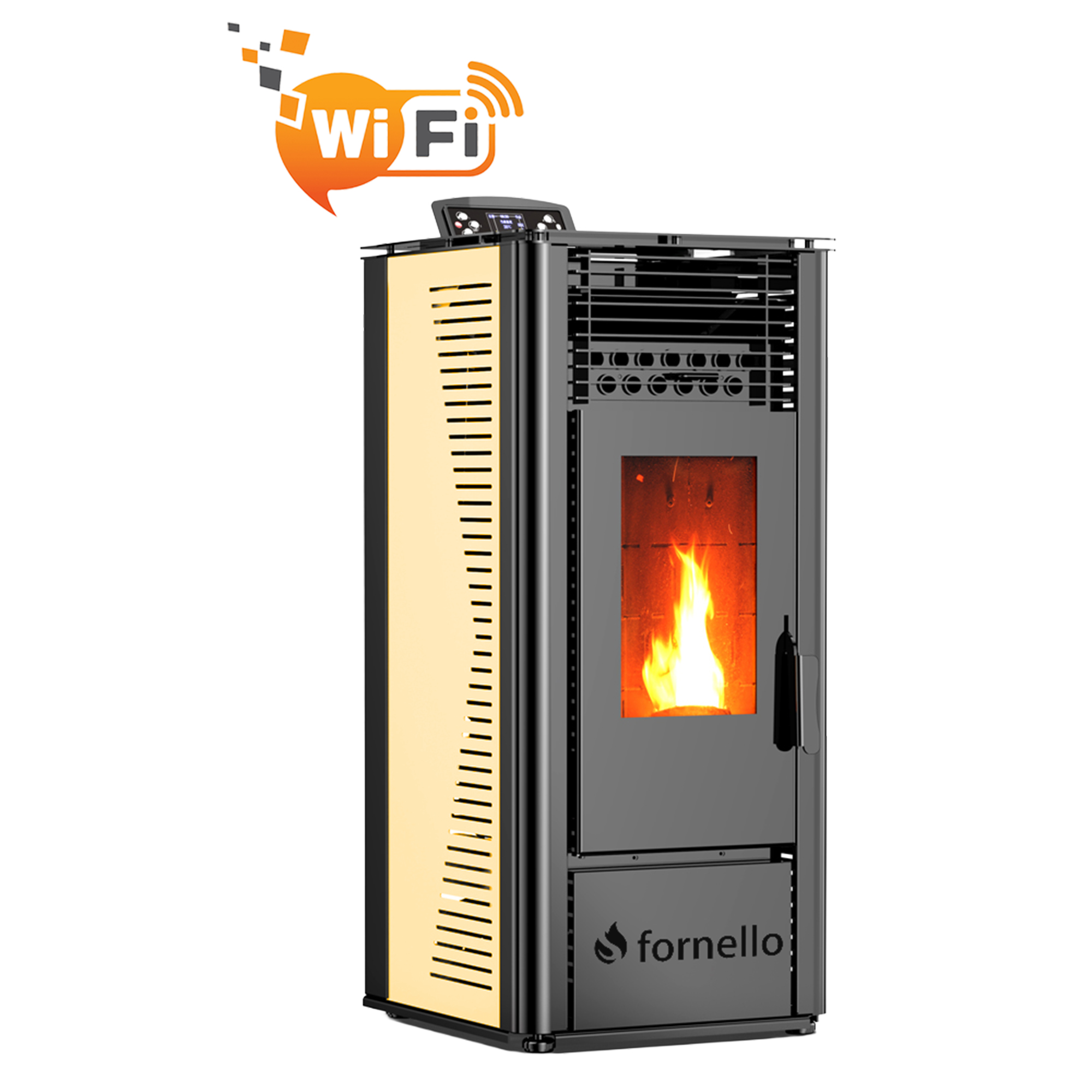 Pachet pentru incalzire format din Semineu (soba) pe peleti cu tiraj fortat Fornello SOPHIA WI-FI 11 kw kit de evacuare 25 metri telecomanda Wi-fi culoare Ivory