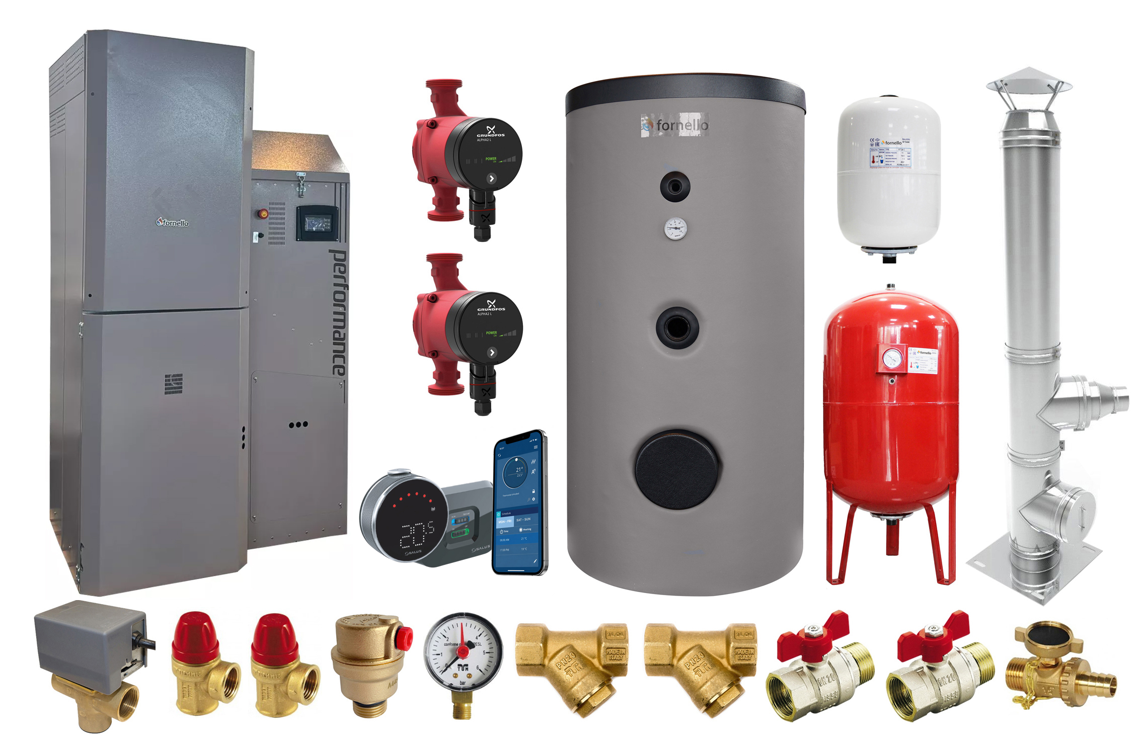 Pachet premium Centrala pe peleti Fornello Slimpel Automatic 40 kw boiler termostat control de la distanta pompe electronice vas expansiune termic si sanitar vana deviatoare 3 cai cos inox si fitiguri de baza