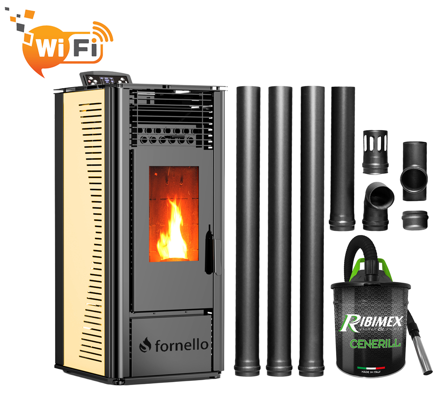 Pachet pentru incalzire format din Semineu (soba) pe peleti cu tiraj fortat Fornello SOPHIA WI-FI 11 kw aspirator kit de evacuare 35 metri telecomanda Wi-fi culoare Ivory