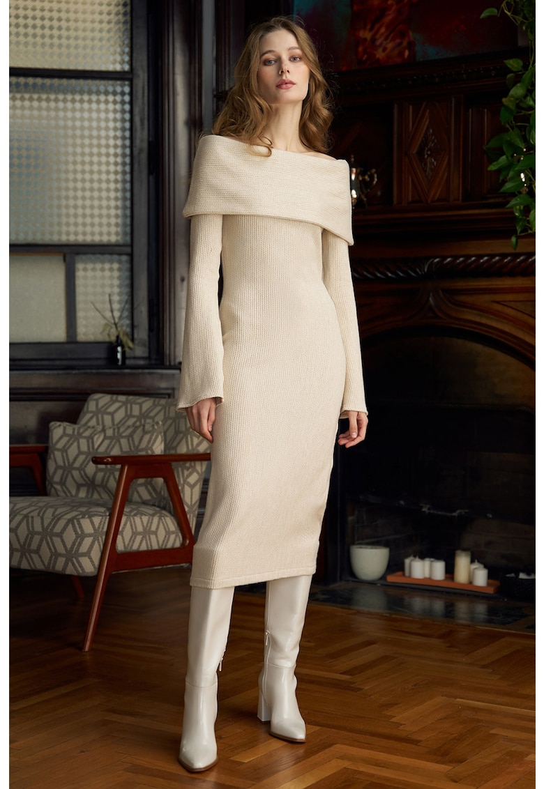 Rochie midi cu decolteu pe umeri - Bej