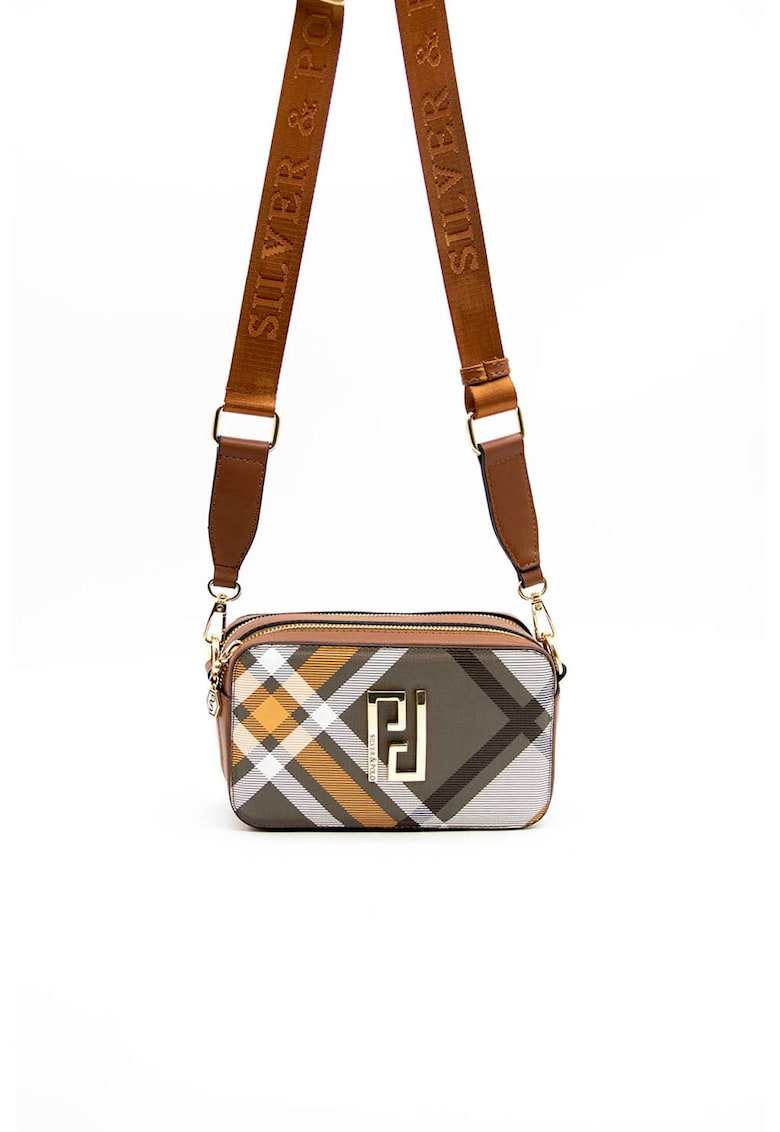 Geanta crossbody de piele ecologica cu logo metalic - Alb/Maro scortisoara/Kaki