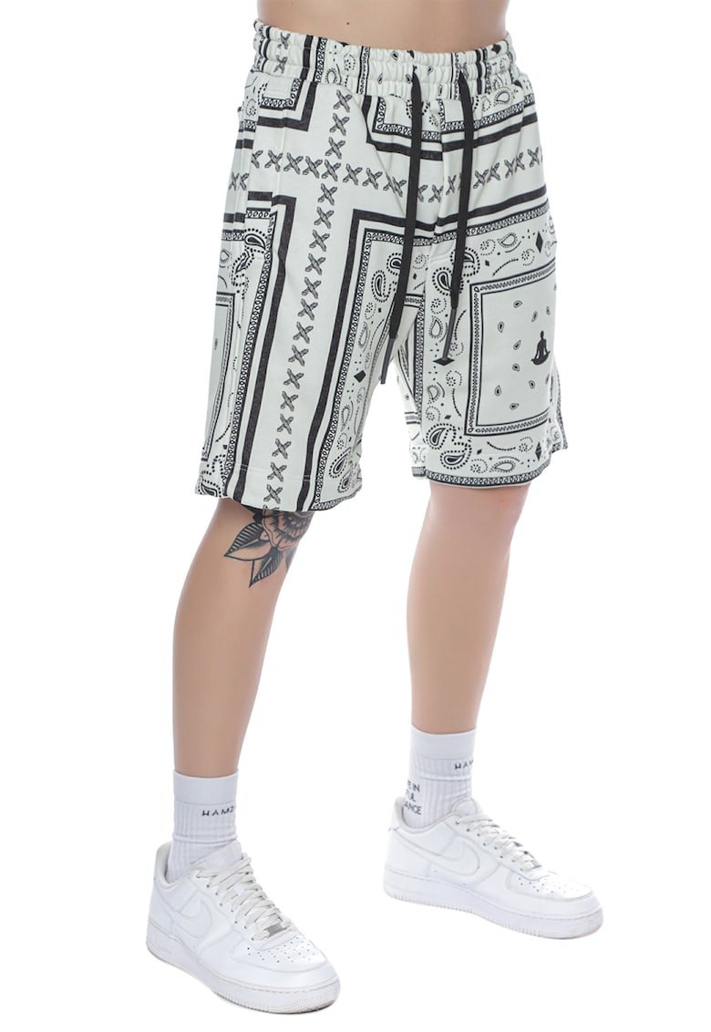 Pantaloni scurti cu imprimeu si snur Bandana - Negru/Crem
