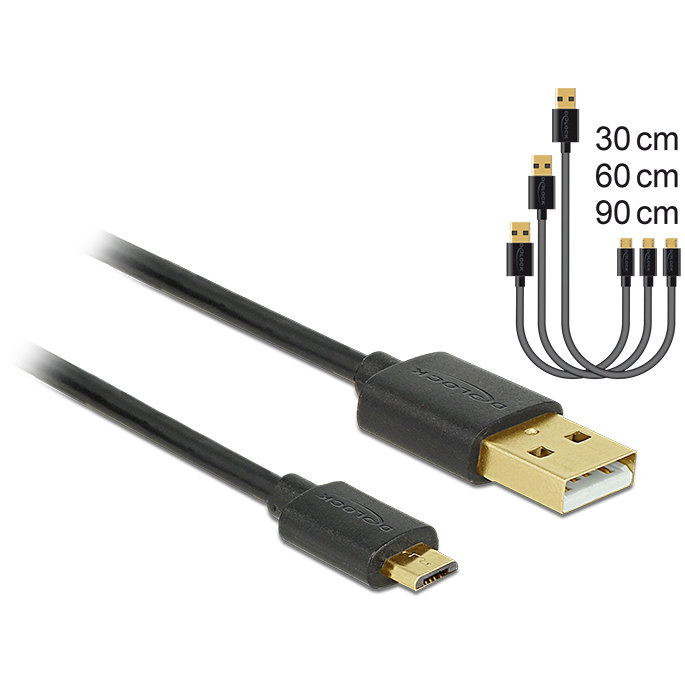 Delock Data and Fast Charging Cable USB 2.0 A-male>Micro-B-male,3 pieces set black