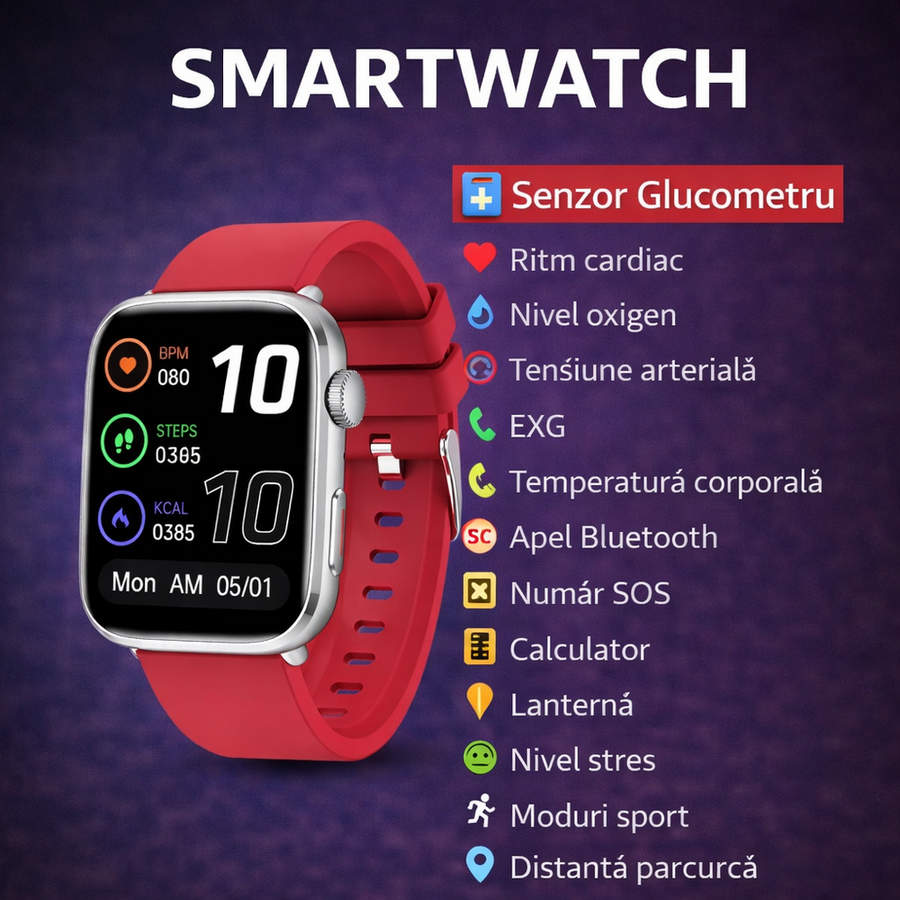 Oferte la SmartWatch cu Senzor Glucometru, Apel Bluetooth, Ritm Cardiac, Nivel Oxigen, Tensiune Arteriala, Temperatura Corporala, Nivel Stres, Vreme, Calorii, Moduri Sport S865