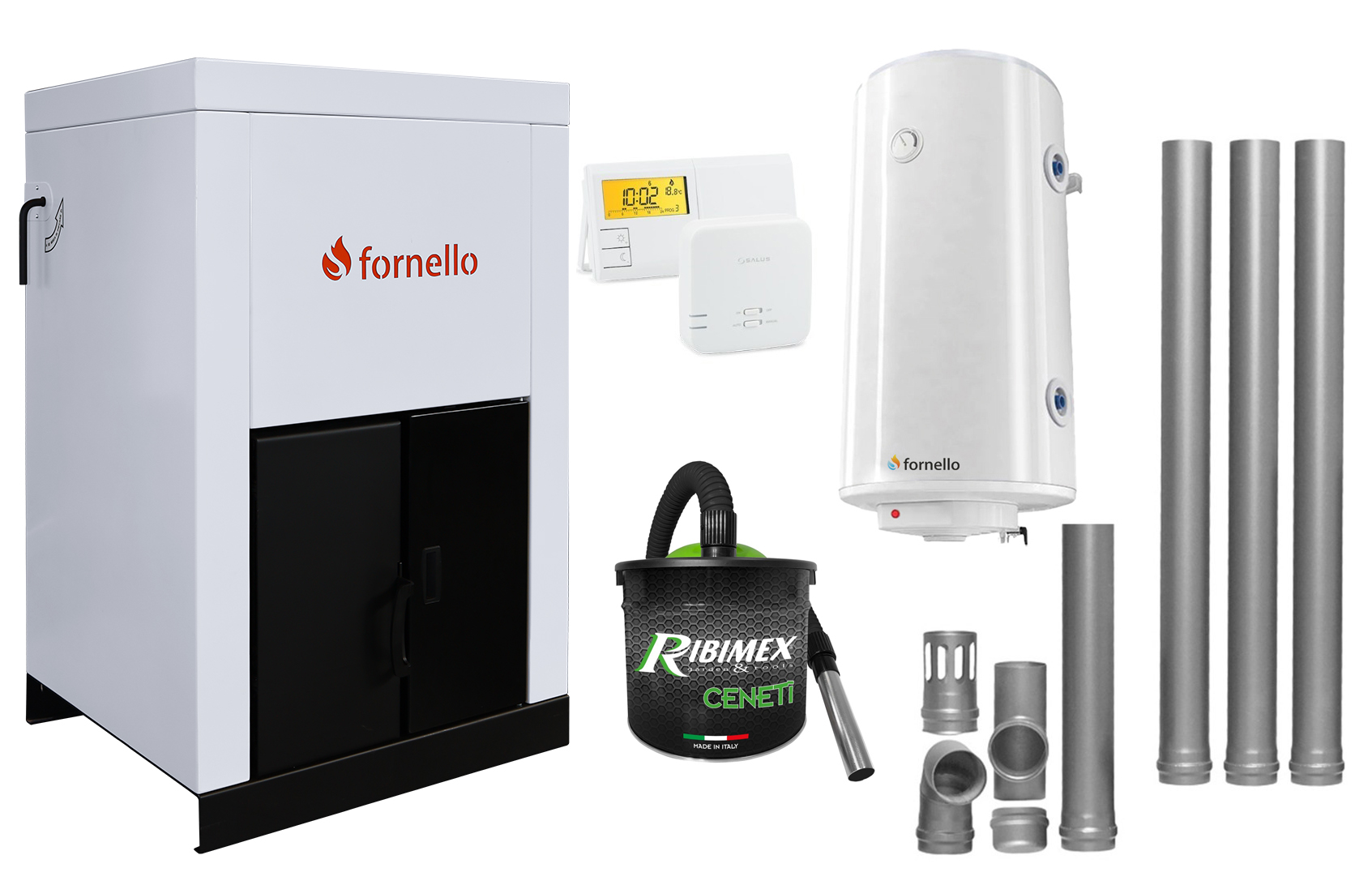 Pachet Centrala pe peleti Fornello Eco Energy 25 kW complet echipata cu pompa vas expansiune automatizare boiler kit evacuare 3.5 ml Termostat Salus 091FLRFV2 si Aspirator Cenusa curatare facila pana la 200 mp arzator fonta