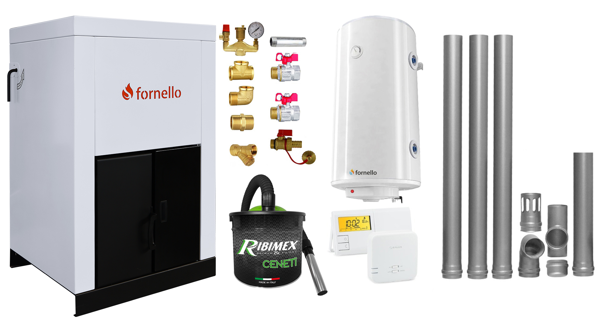 Pachet Centrala pe peleti Fornello Eco Energy 25 kW complet echipata cu pompa vas expansiune automatizare Fitinguri boiler kit evacuare 3.5 ml Termostat Salus 091FLRFV2 si Aspirator Cenusa curatare facila pana la 200 mp