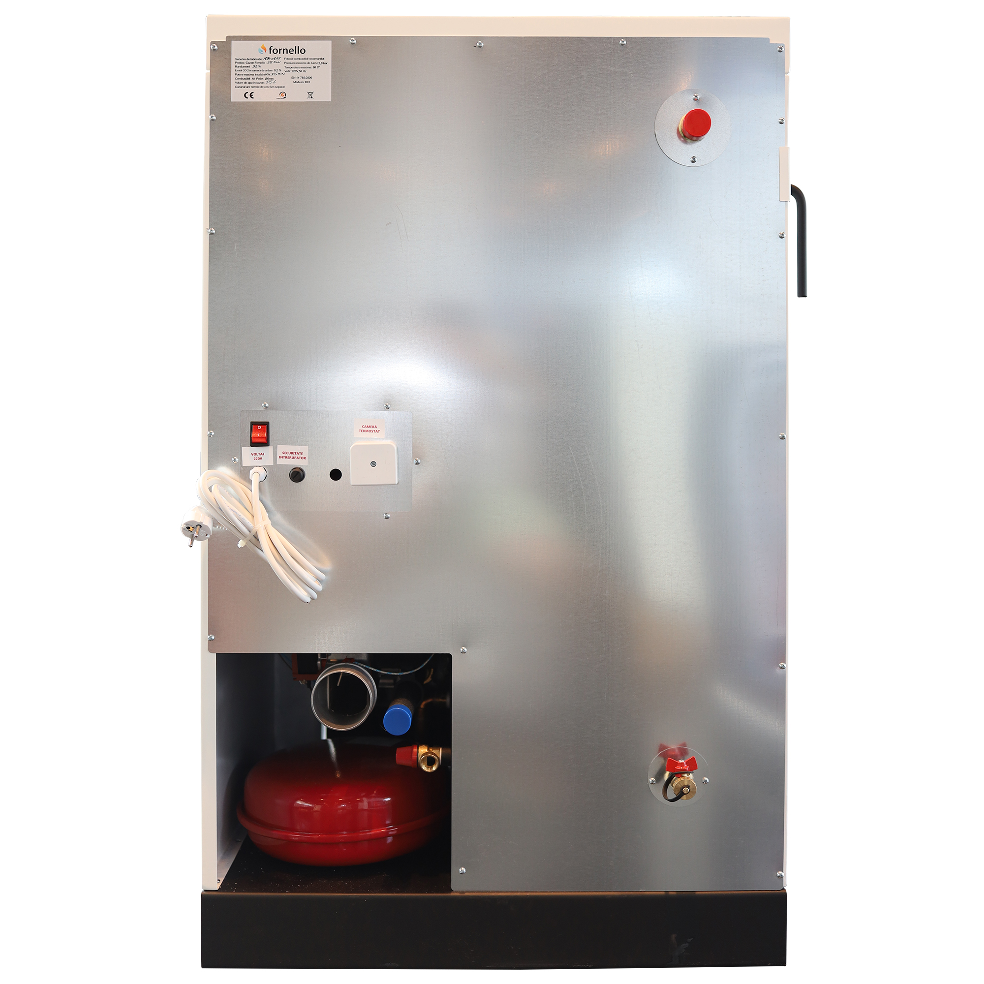 Pachet Centrala pe peleti Fornello Eco Energy 25 kW complet echipata cu pompa vas expansiune automatizare Calorifere aluminiu Fornello Alvo Fitinguri boiler kit evacuare 3.5 ml Termostat si Aspirator Cenusa curatare facila pana la 200 mp