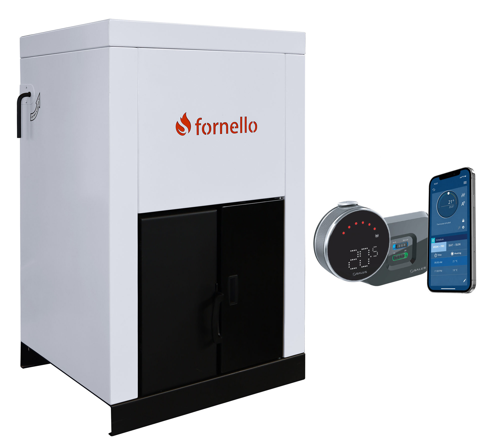 Pachet control de la distanta Centrala pe peleti Fornello Eco Energy 25 kW complet echipata pentru incalzire pompa circulatie vas expansiune automatizare buncar peleti 45 kg tiraj fortat aprindere automata curatare facila pana la 200 mp