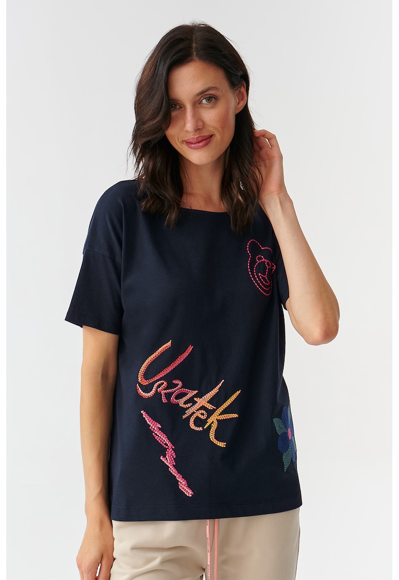 Tricou cu detalii brodate - Bleumarin