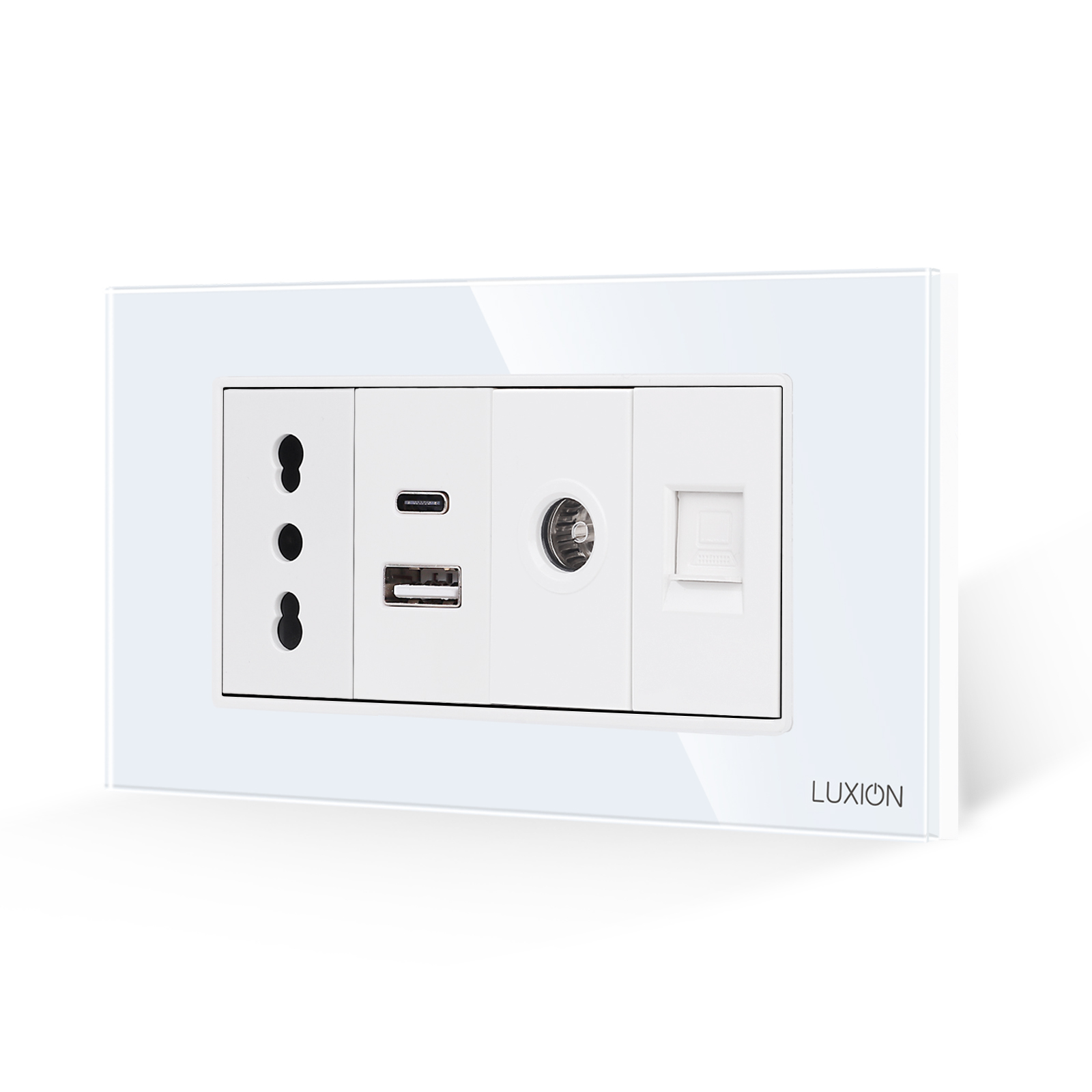 Priza Ingusta + Dubla USB + TV + Internet cu Rama Din Sticla LUXION, Standard Italian, 4M