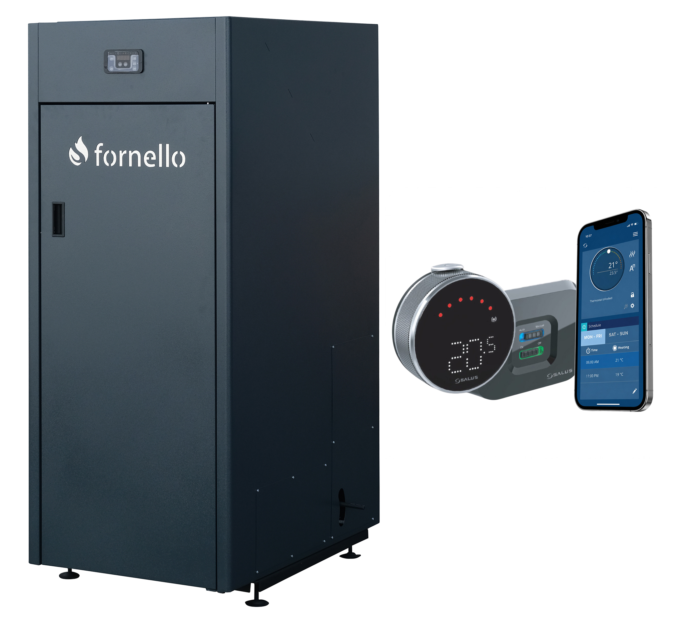 Pachet control de la distanta Centrala pe peleti Fornello King Plus 30 KW termostat pompa de circulatie vas de expansiune supapa de siguranta automatizare rezervor pentru peleti 125 kg creuzet din fonta tiraj fortat