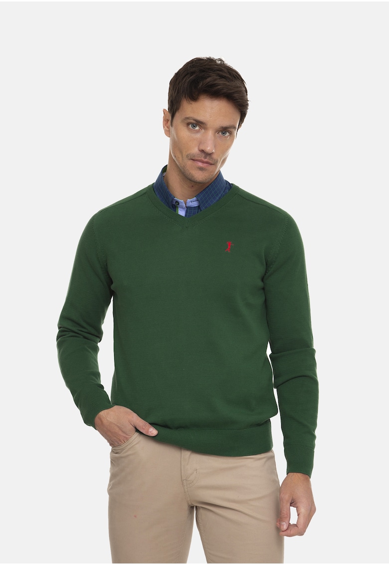 Pulover tricotat fin cu decolteu in V - Verde