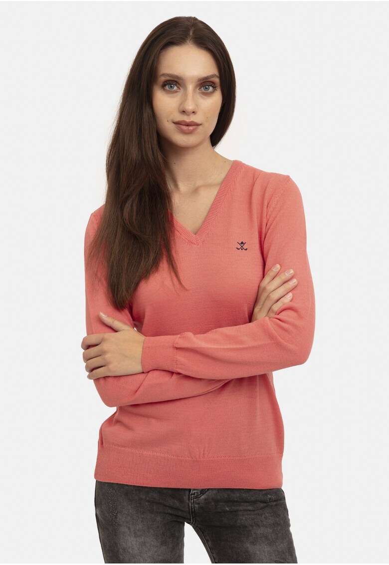 Pulover slim fit cu decolteu in V - Roz somon