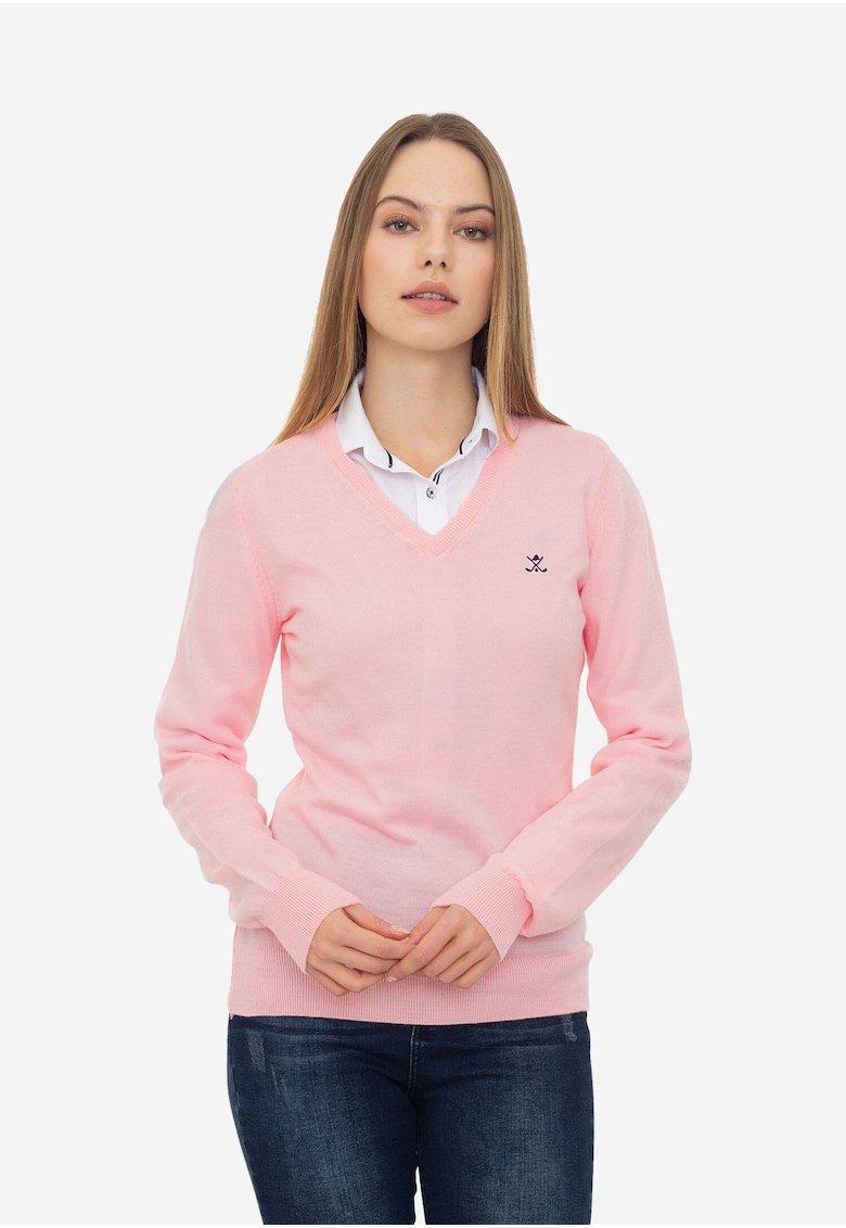 Pulover slim fit cu decolteu in V - Roz