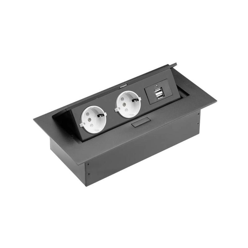 Priza metalica incastrabila GTV, negru, 2 x Schuko, 2 x USB