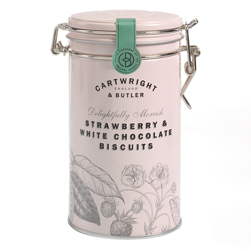 Biscuiti cu Ciocolata Alba si Capsuni in cutie metalica 200g Cartwright & Butler
