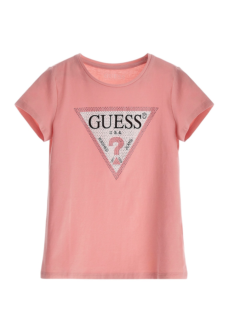 Tricou cu imprimeu logo si strasuri - Alb/Roz somon/Argintiu