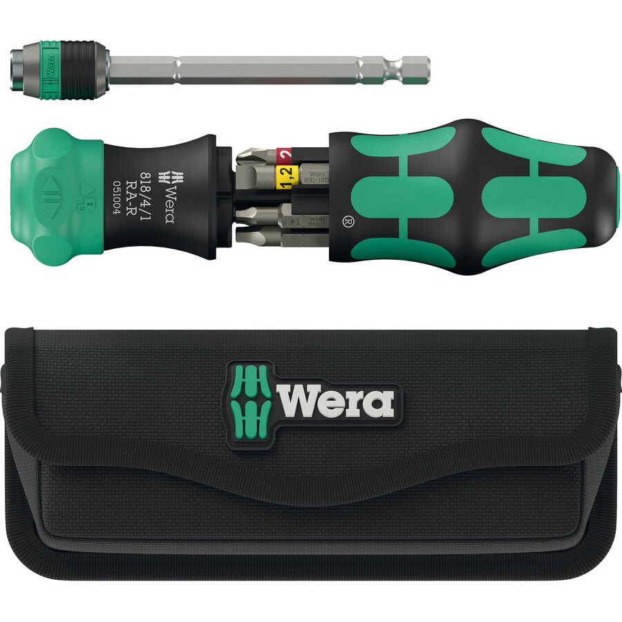 Kraftform Kompakt 26 RA-R with pouch, bit set black/green, 6-piece, 1/4, with ratchet function and Rapidaptor quick-change chuck