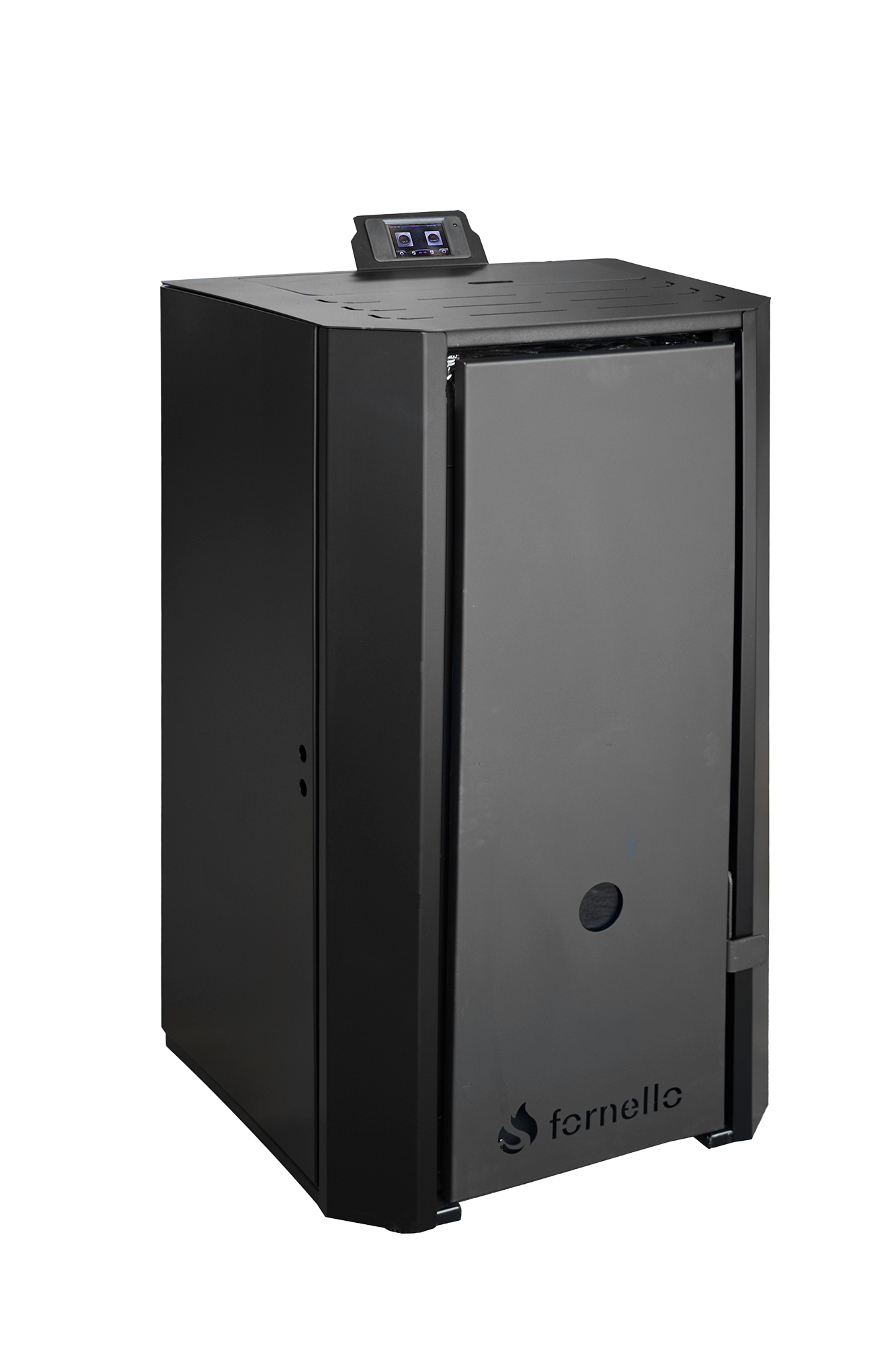 Pachet Centrala pe peleti Fornello EVA B Black 25 KW pompa circulatie vas expansiune Grup siguranta WI-FI buncar tiraj fortat kit evacuare termostat Salus 091FLRFV2 aspiratior Clasa A++ recomandat pentru 160 mp Negru